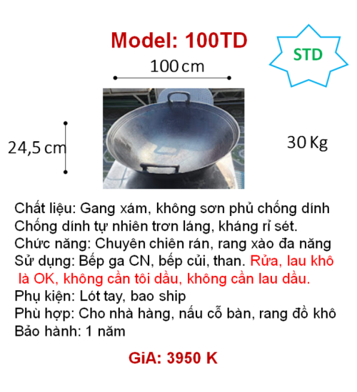 100TD Chảo gang đáy tròn dùng bếp ga, củi, lò