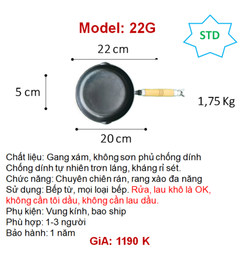 22G Chảo chiên rán tay gỗ