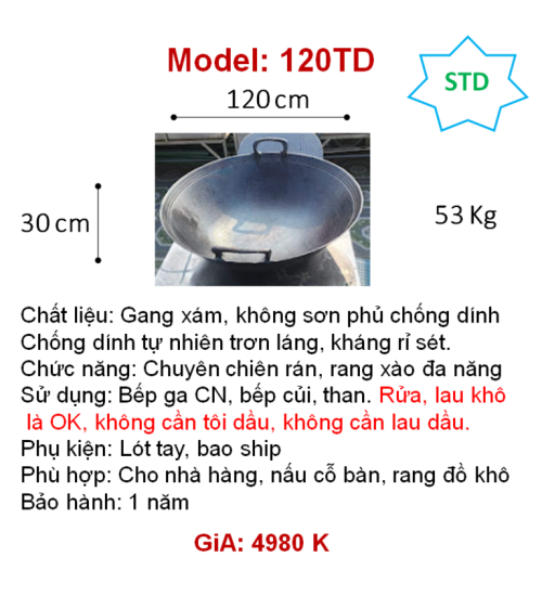 120TD Chảo gang đáy tròn dùng bếp ga, củi, lò