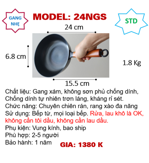 24NGS chảo chiên rán sâu lòng, ít bắn dầu