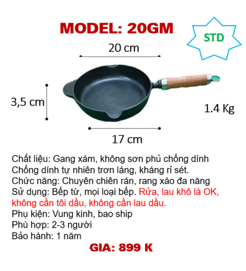 20GM Chảo gang thô chiên rán tay cầm gỗ