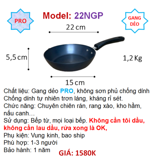 22NGP Chảo gang DẺO chiên rán đa năng