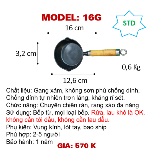 16G Chảo rán tay gỗ