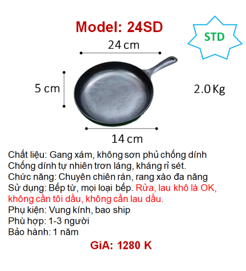 24SD chảo gang thô chiên rán đẹp 