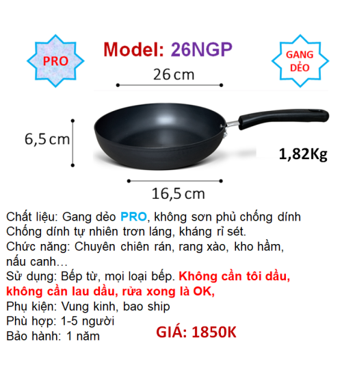 26NGP Chảo gang DẺO chuyên chiên rán