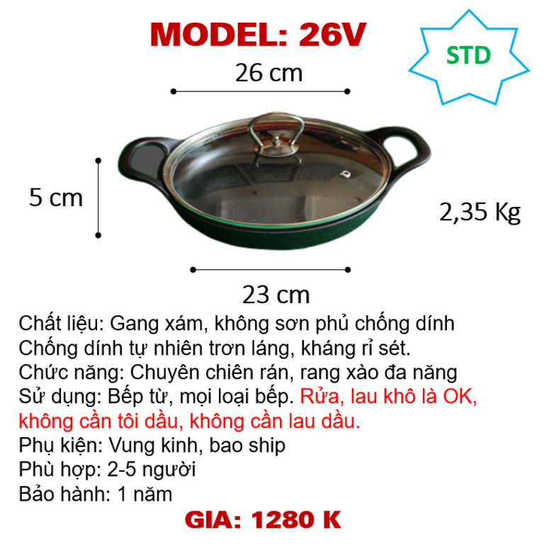 26V Chảo chiên rán hai tay sắt