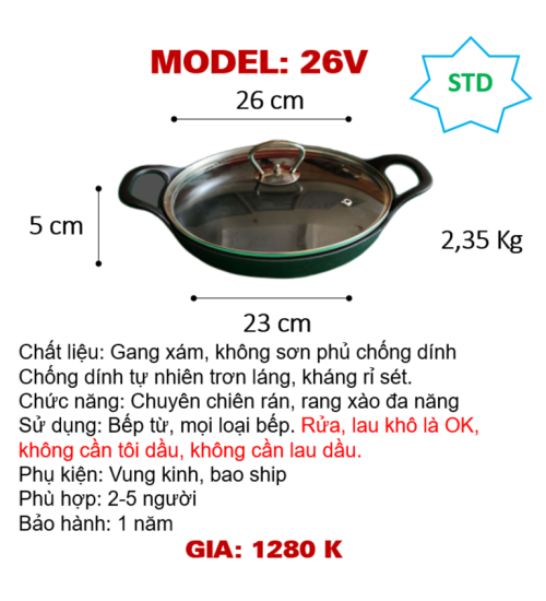 26V Chảo chiên rán hai tay sắt