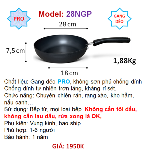 28NGP Chảo gang DẺO chuyên chiên rán