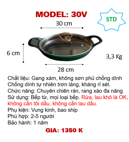 30V Chảo chiên rán hay tay sắt