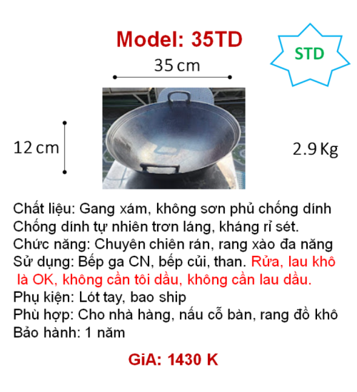 35TD Chảo gang đáy tròn dùng bếp ga, củi, lò