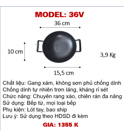 36V Chảo xào hai tay sắt