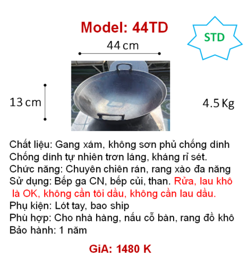 44TD Chảo gang đáy tròn dùng bếp ga, củi, lò