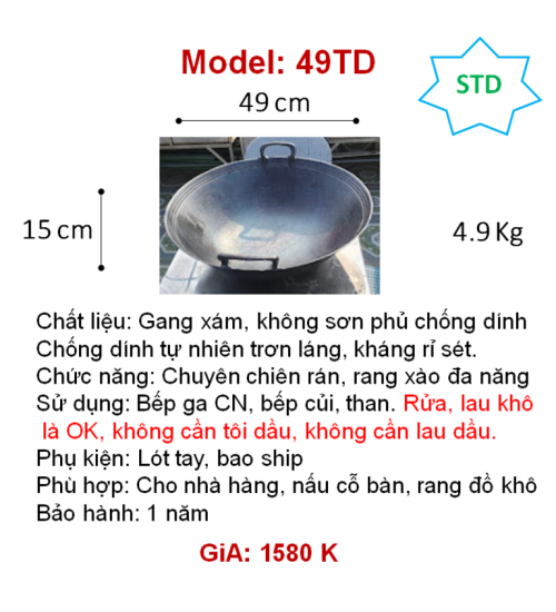 49TD Chảo gang đáy tròn dùng bếp ga, củi, lò