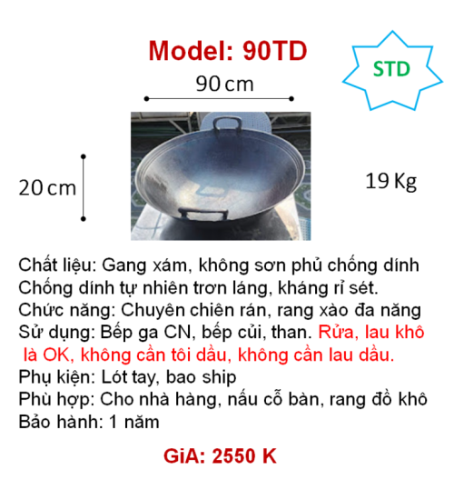 90TD Chảo gang đáy tròn dùng bếp ga, củi, lò