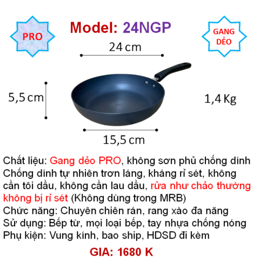 24NGP Chảo gang DẺO chiên rán đa năng