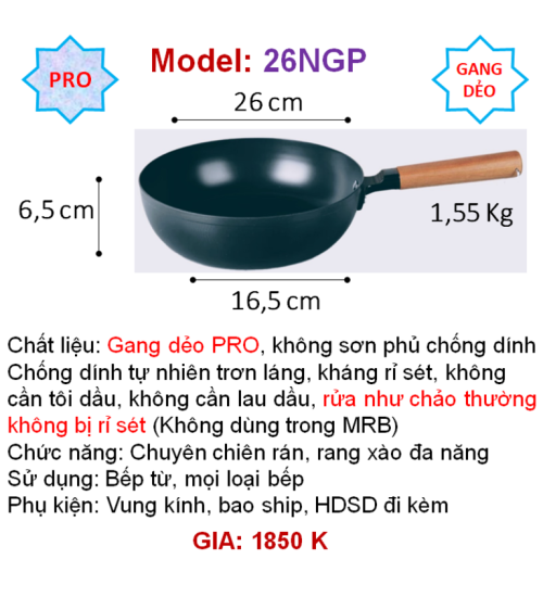 26NGP Chảo gang DẺO chuyên chiên rán