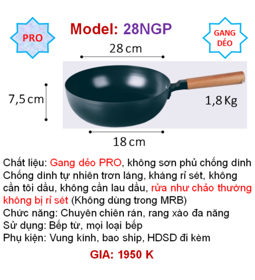 28NGP Chảo gang DẺO chuyên chiên rán