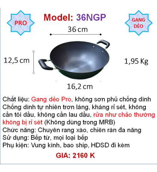 36NGP Chảo gang DẺO rang xào chiên rán đa năng (Pro)