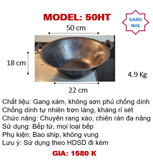 50HT Chảo gang size 50cm dùng bếp từ công nghiệp