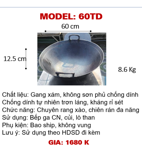 60TD Chảo gang đáy tròn to dày dùng bếp ga, củi, lò