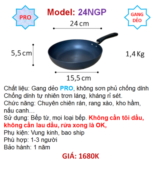 24NGP Chảo gang DẺO chiên rán đa năng