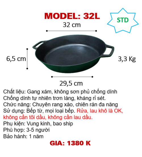 32L Chảo gang miệng vát