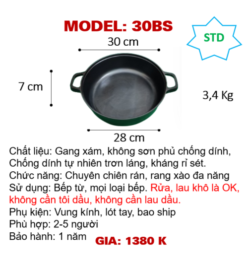 30BS Chảo rán bằng hai tai sắt