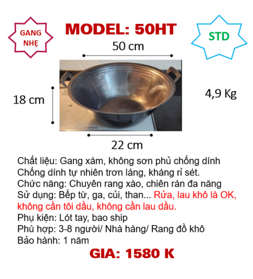 50HT Chảo gang size 50cm dùng bếp từ công nghiệp