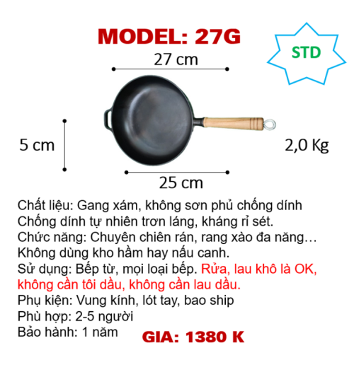 27G Chảo rán tay cầm gỗ