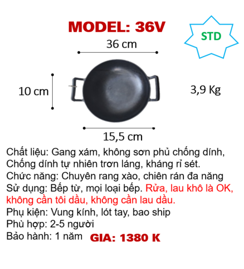 36V Chảo xào hai tay sắt