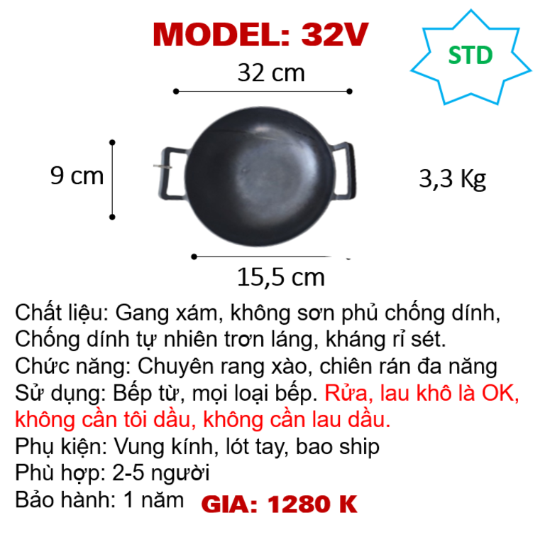 32V Chảo xào hai tay sắt