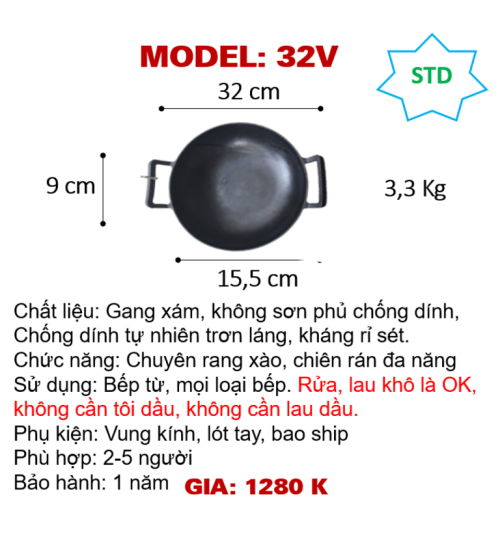 32V Chảo xào hai tay sắt