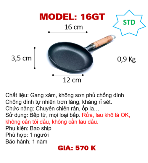 16GT Chảo chiên rán gang thô