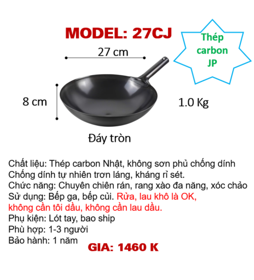 27CJ Chảo thép carbon Nhật chuyên rang xào-Bếp ga