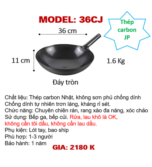 36CJ Chảo thép carbon Nhật chuyên rang xào-Bếp ga