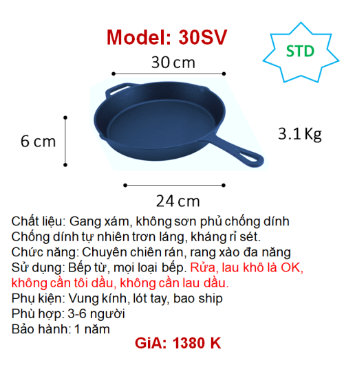 30SV Chảo gang thô chiên rán kháng rỉ sét