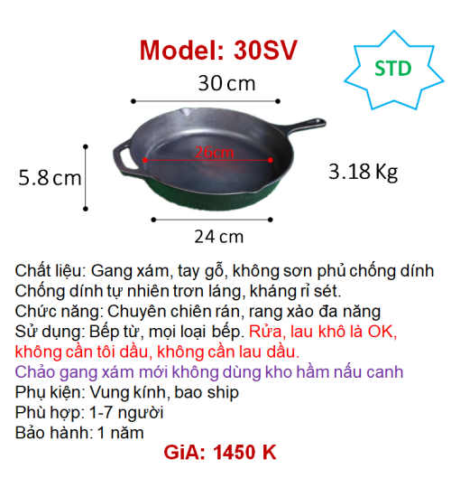 30SV Chảo gang xám kháng rỉ sét