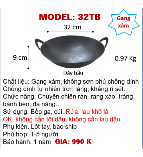 32TB Chảo gang xám chiên rán đa năng