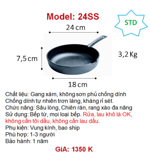 24SS chảo gang thô chiên rán sâu lòng